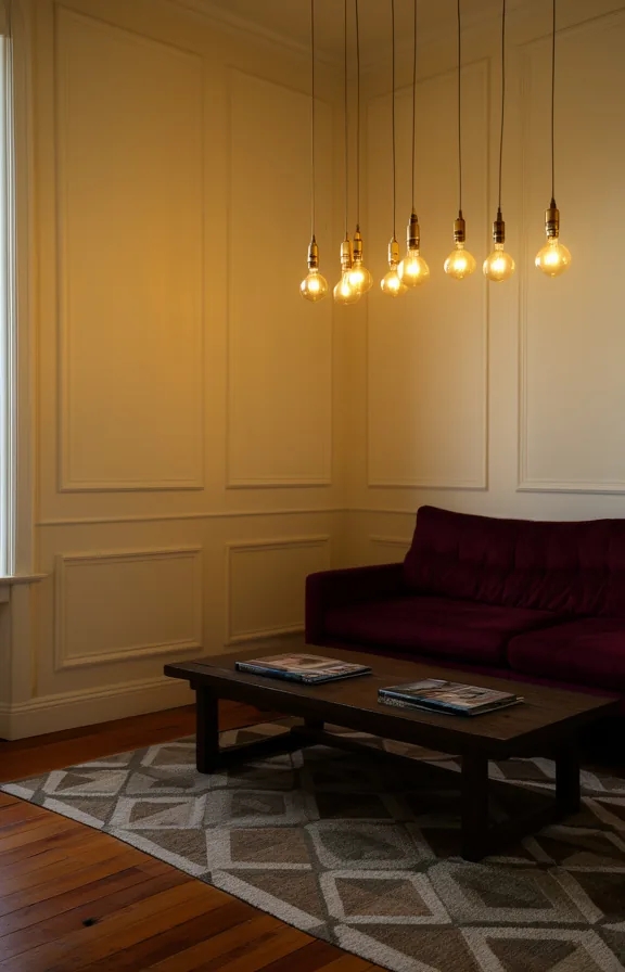 3/4 view of a pendant light with exposed Edison bulbs hanging above a seating area