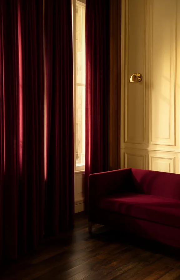 dark wood flooring visible below, cream wall panelling beside the curtains