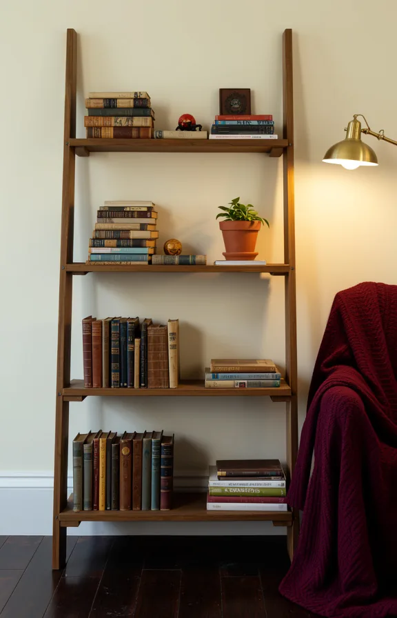 Medium shot of a wooden ladder shelf leaning against a cream wall holding stacked vintage books