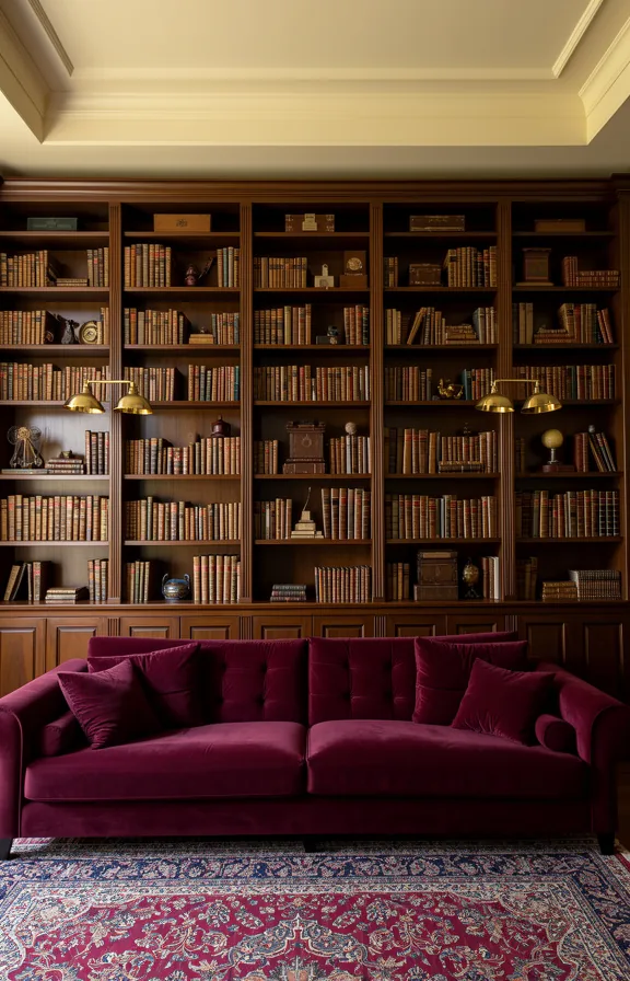 small decorative objects, and vintage boxes, burgundy velvet sofa in the foreground