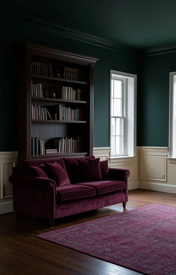 burgundy velvet sofa as the focal point, dark wood bookshelf