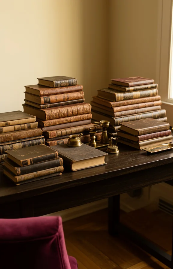 3/4 view of a dark wood surface styled with carefully stacked vintage books of varying heights