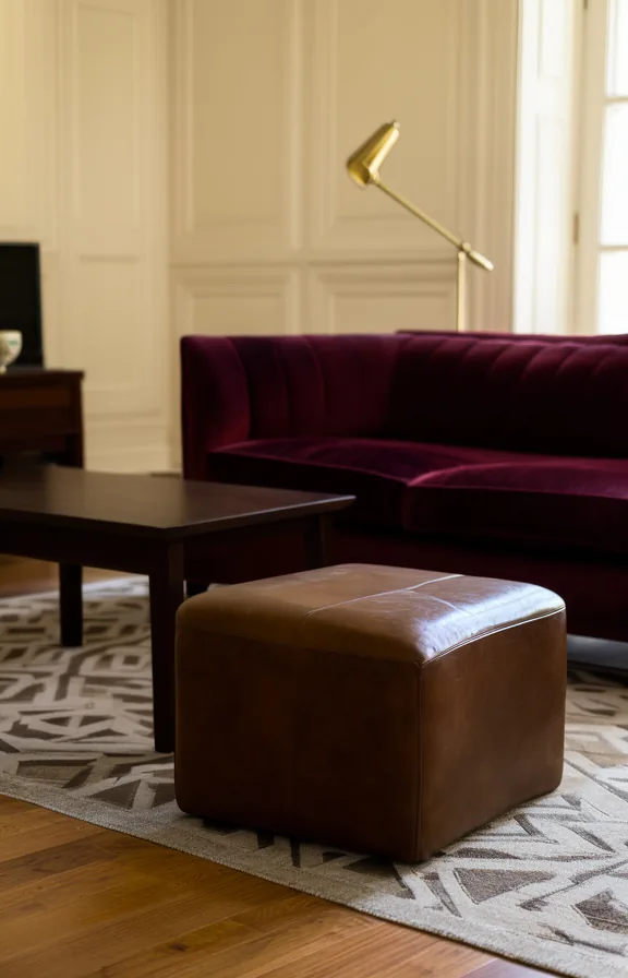 Medium shot of a leather ottoman footrest in dark brown or cognac positioned in front of a burgun