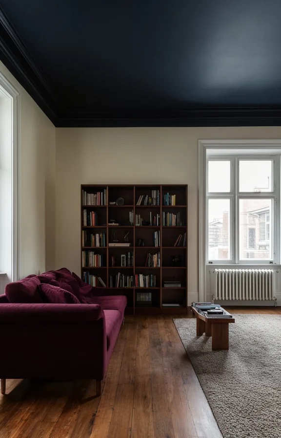 dark wood crown moulding detail visible, burgundy sofa and bookshelf anchoring the space