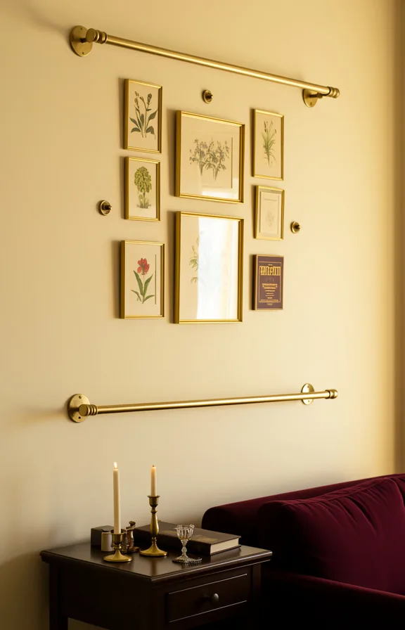 3/4 view of a brass picture rail system installed on a cream wall displaying gold-framed botanica
