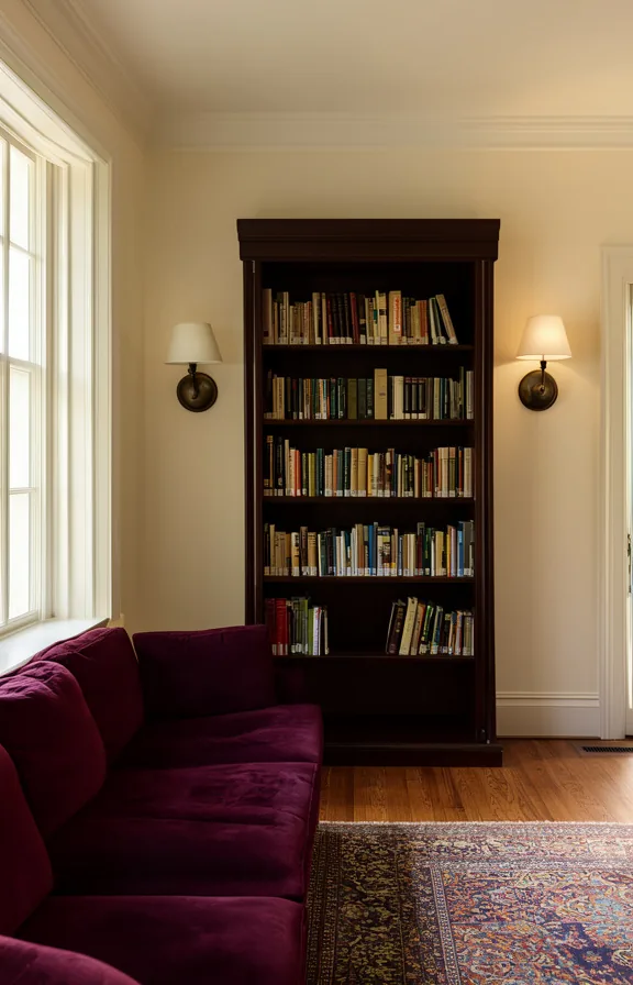cream walls surrounding the shelf, burgundy velvet sofa in the foreground