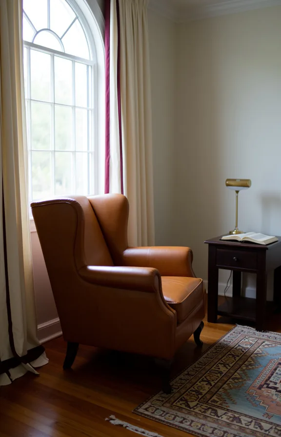 3/4 view of a leather wingback chair in rich cognac brown positioned near a tall arched window