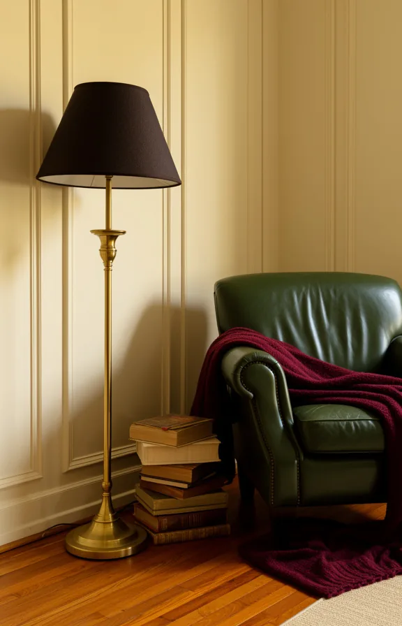 Medium shot of a brass floor lamp with dark fabric shade standing beside stacked vintage books an
