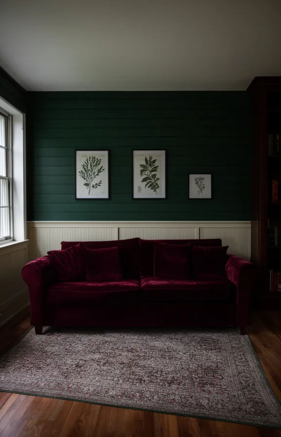 burgundy velvet sofa facing the wall, dark wood bookshelf partially visible