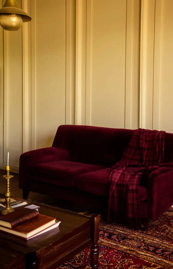 3/4 view of a seating area with a burgundy velvet sofa