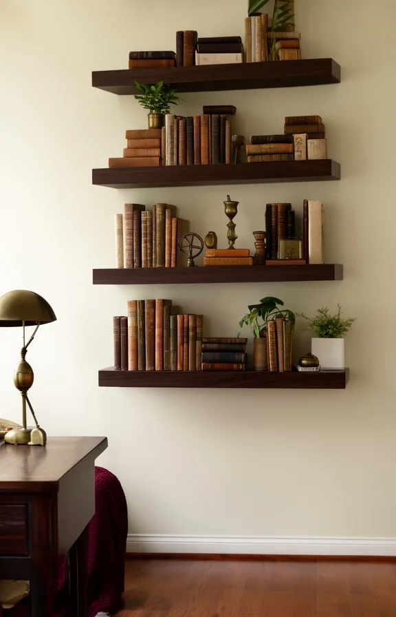 Medium shot of floating dark wood shelves on a cream wall holding carefully arranged vintage books