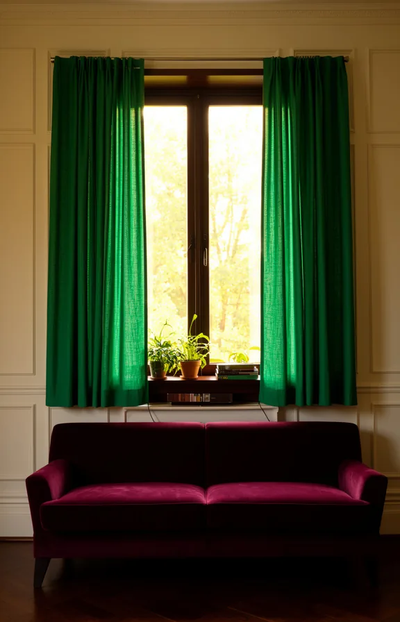 burgundy velvet sofa beneath the window, dark wood windowsill holding plants and books