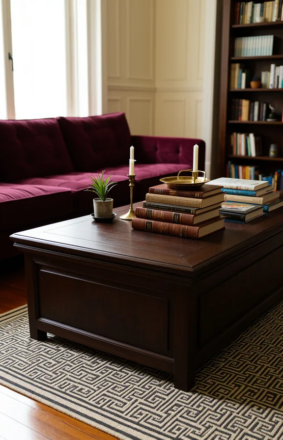 3/4 view of a dark wood coffee table as the room anchor