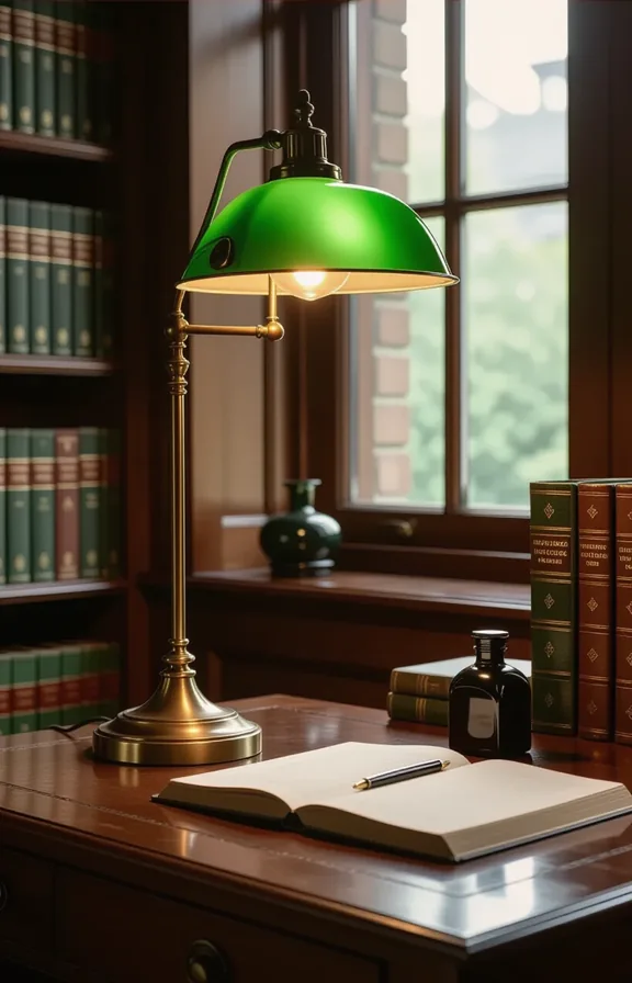 classic green library lamp with brass base and
