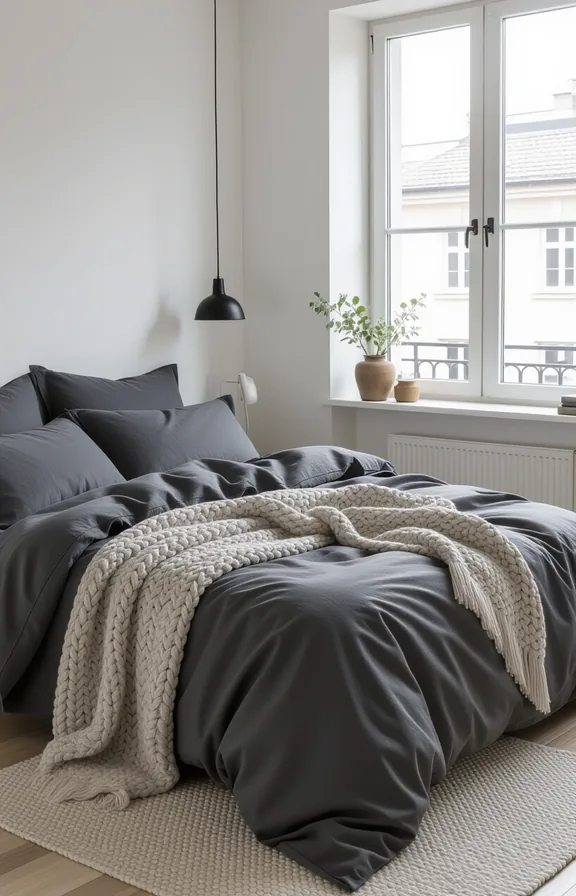 Three-quarter view neatly made double bed small apartment