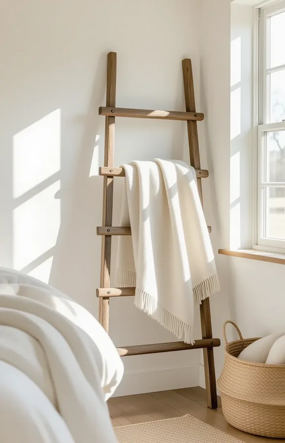 Medium shot rustic wooden ladder leaned against plain
