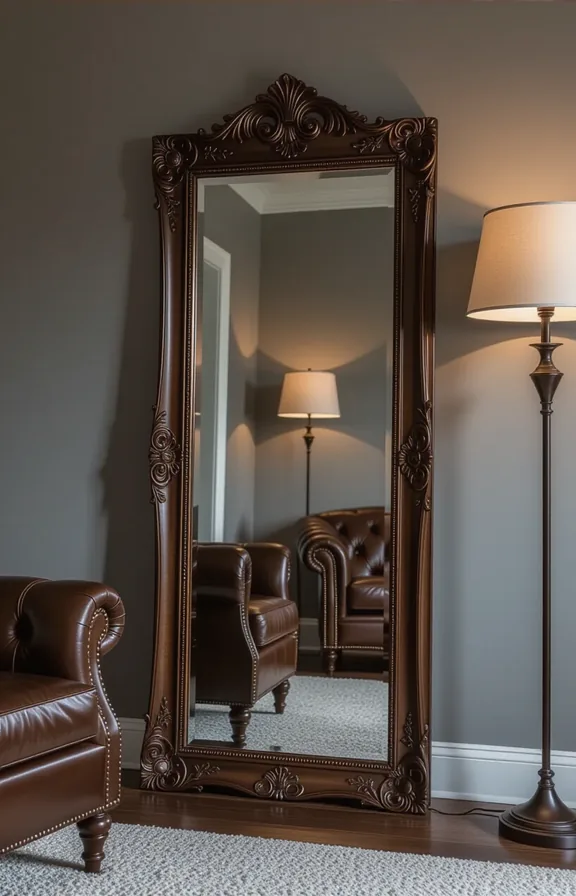 Three-quarter view ornate vintage-style mirror with dark wood