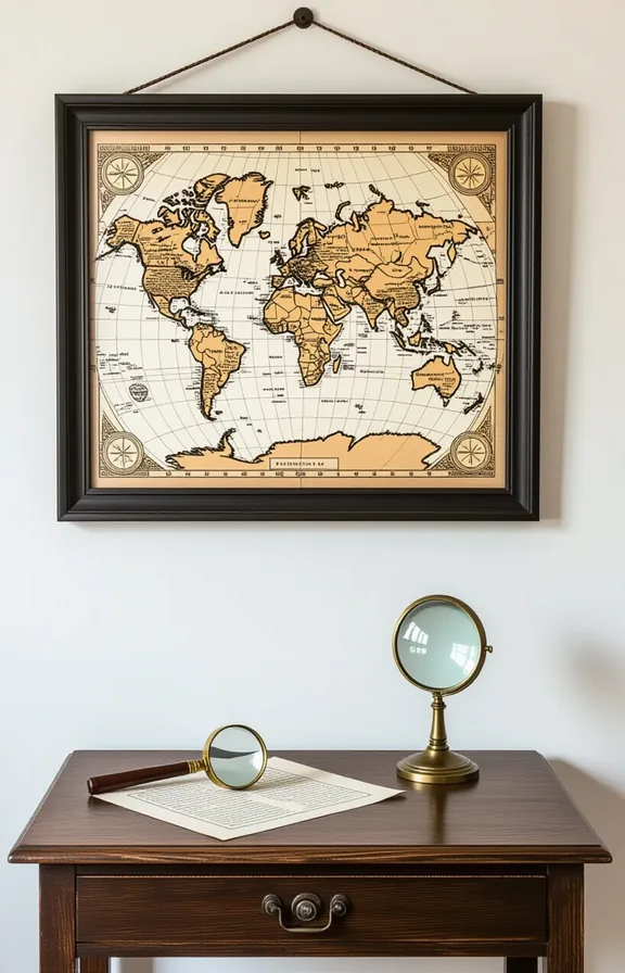 Medium shot large vintage-style map framed simple black