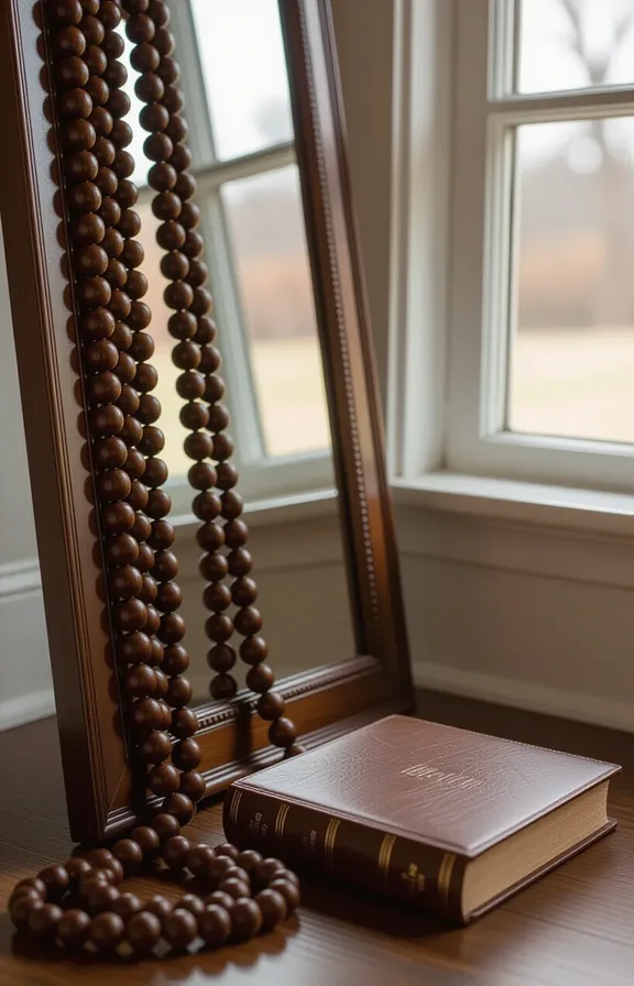 Close-medium shot spray dark-stained wooden beads draped over