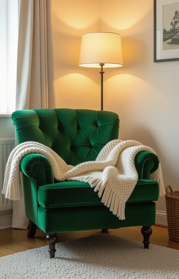 deep emerald green velvet armchair positioned the corner