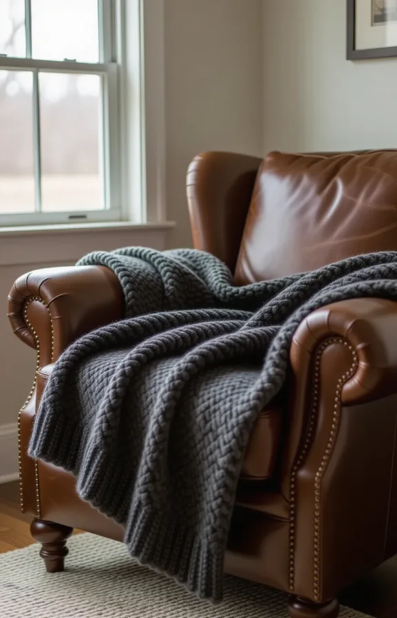 thick charcoal grey wool throw blanket casually draped