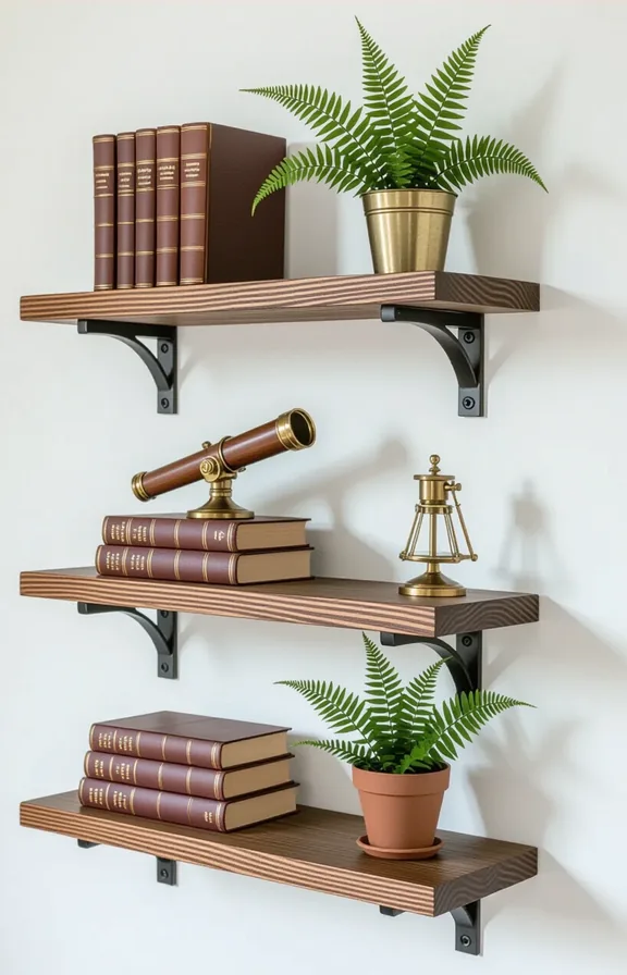 two dark-stained wood floating shelves mounted heavy-duty picture