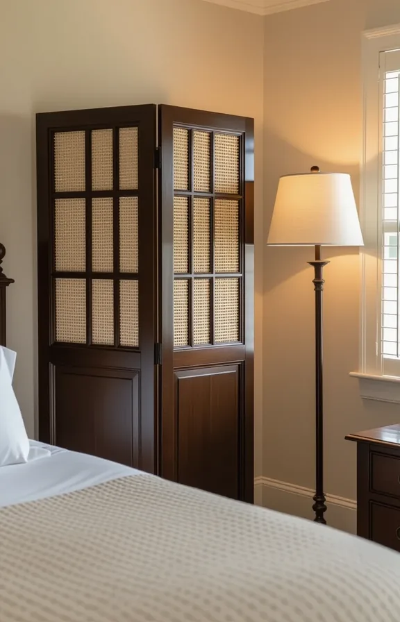Three-quarter view tall dark wood folding room screen