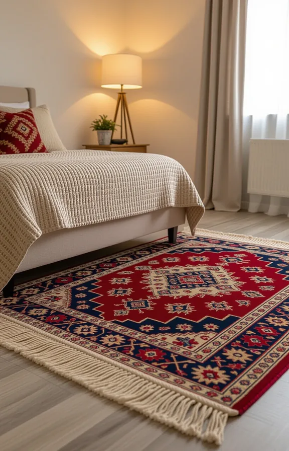 layered rug arrangement plain vinyl flooring compact bedroom