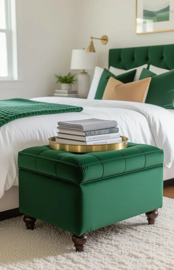 Medium shot deep green velvet storage ottoman