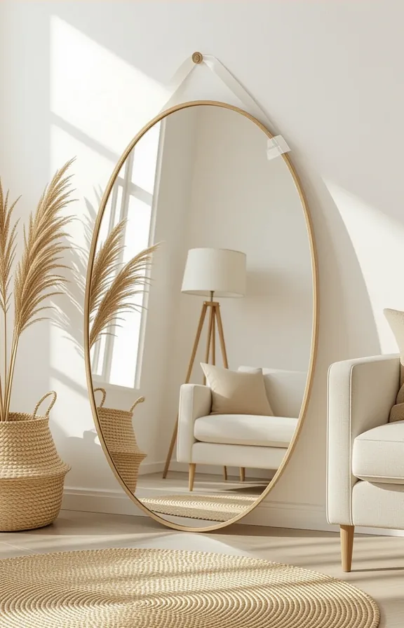 large round mirror leaning against plain white wall