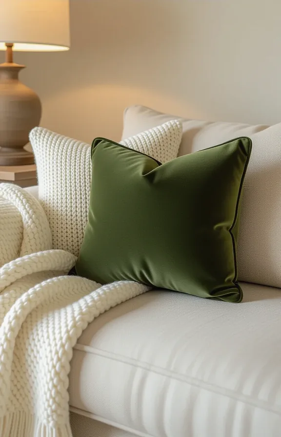 deep olive green velvet pillow with simple knife-edge