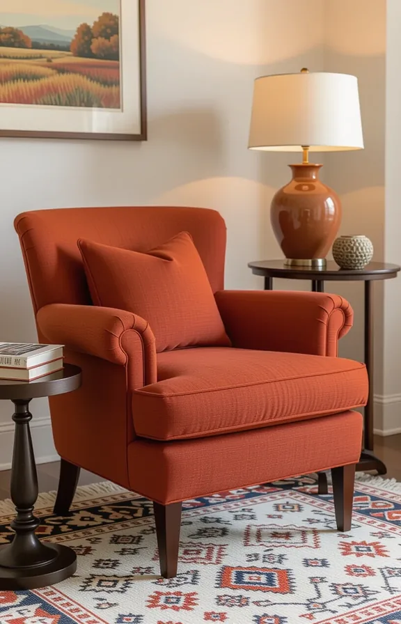 Medium wide shot compact upholstered accent chair muted