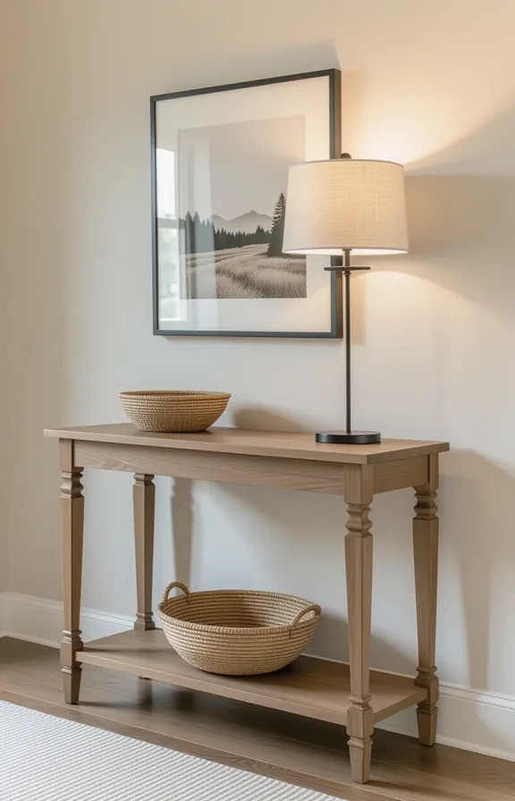 Medium shot slim freestanding console table with tapered