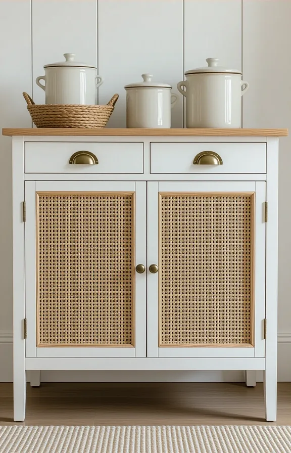 the front basic wooden cabinet door upgraded with cane webbing and trim