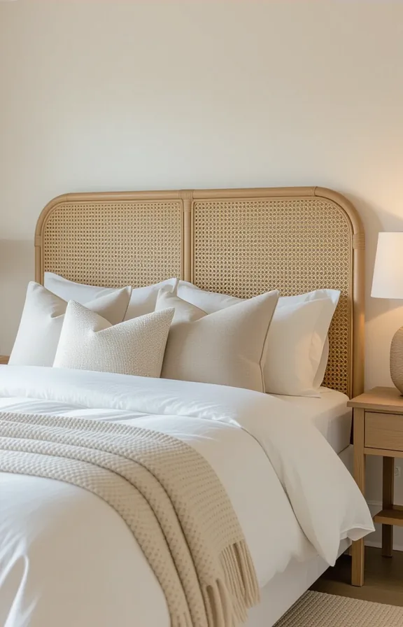 3/4 view shot headboard made from natural rattan