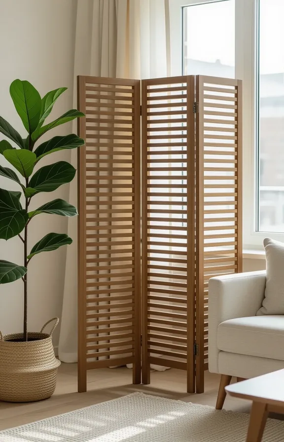 Medium wide shot freestanding room divider made from natural wood slats.