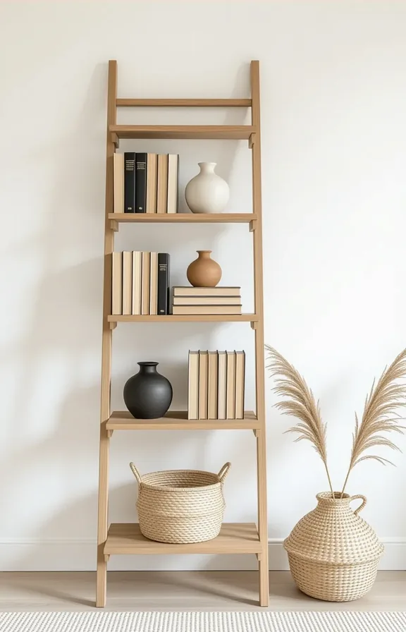 tall wooden ladder shelf leaning safely against plain