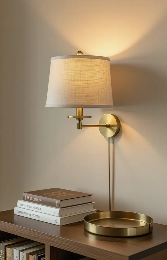 3/4 view shot freestanding plug-in sconce with linen