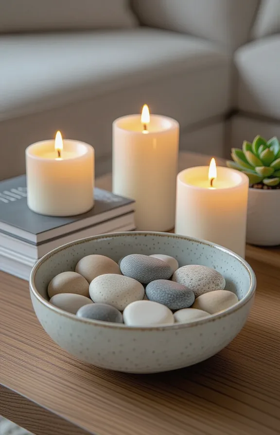 Three-quarter view shallow ceramic bowl filled with smooth river stones and three white pillar candles