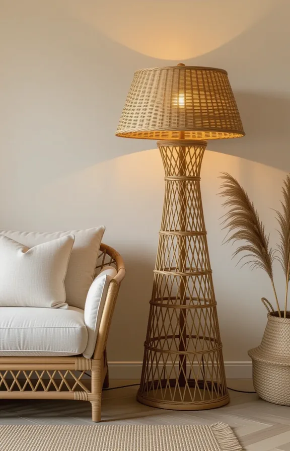 Three-quarter view tall rattan floor lamp with wide