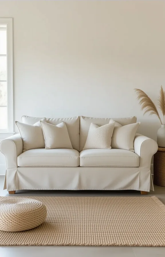 Medium wide shot sofa completely covered fitted washable