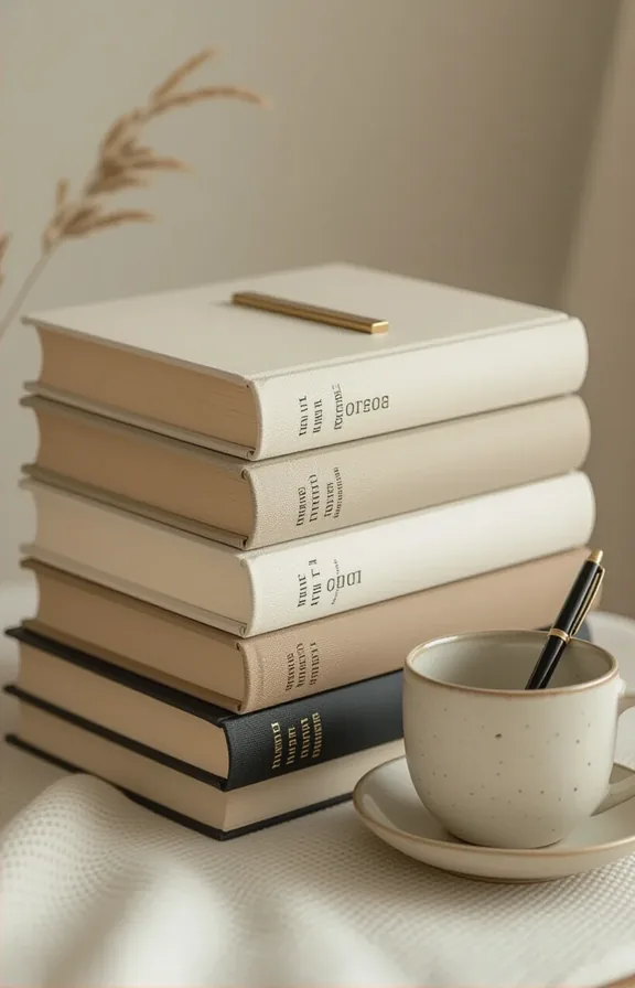 Detail shot stack five hardcover books side table