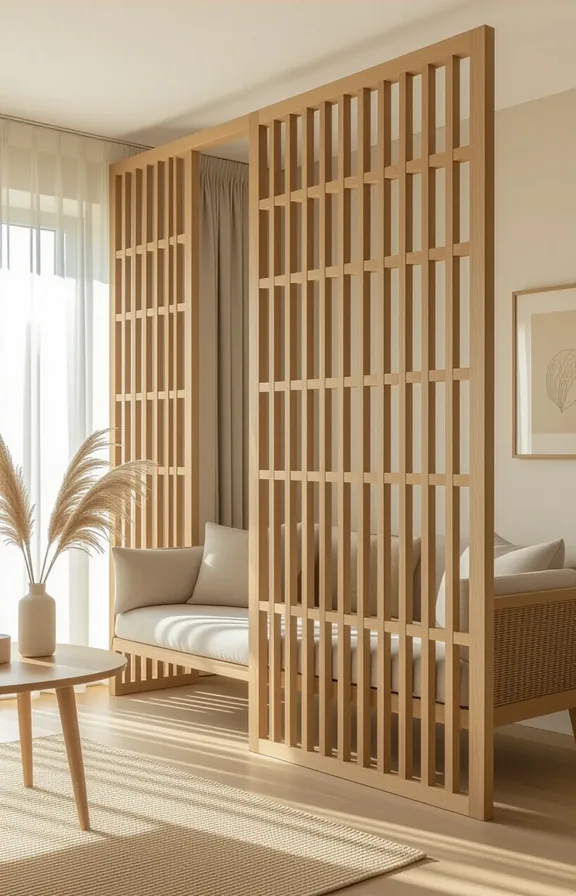 Eye-level wide shot freestanding room divider made thin