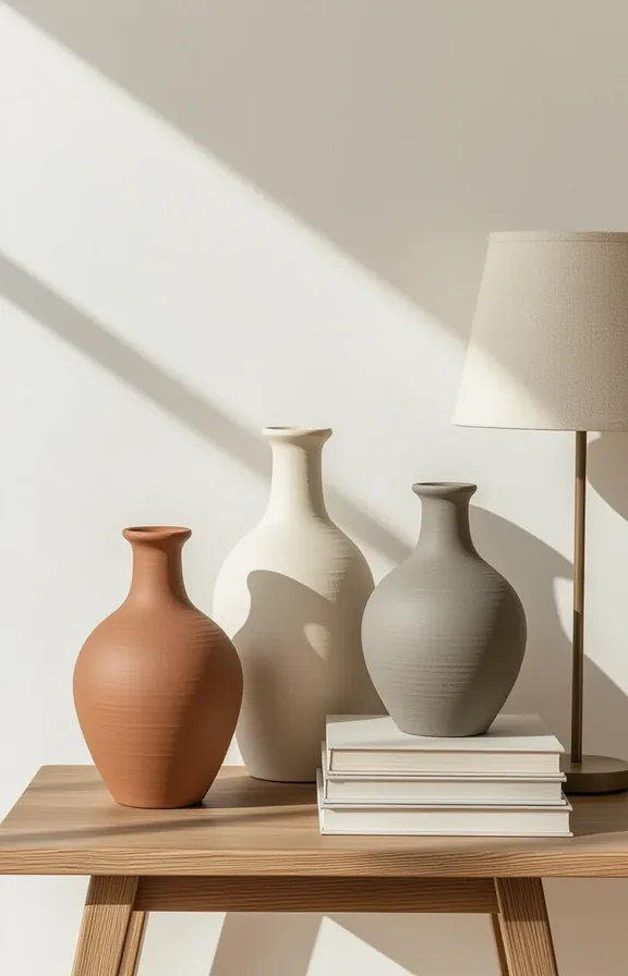 Three-quarter view collection three hand-thrown clay vases slightly