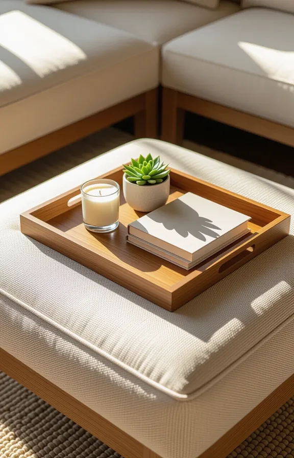 Three-quarter view rectangular teak tray placed top large