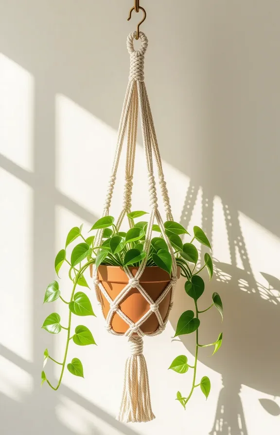 macrame plant hanger holding terracotta pot with trailing