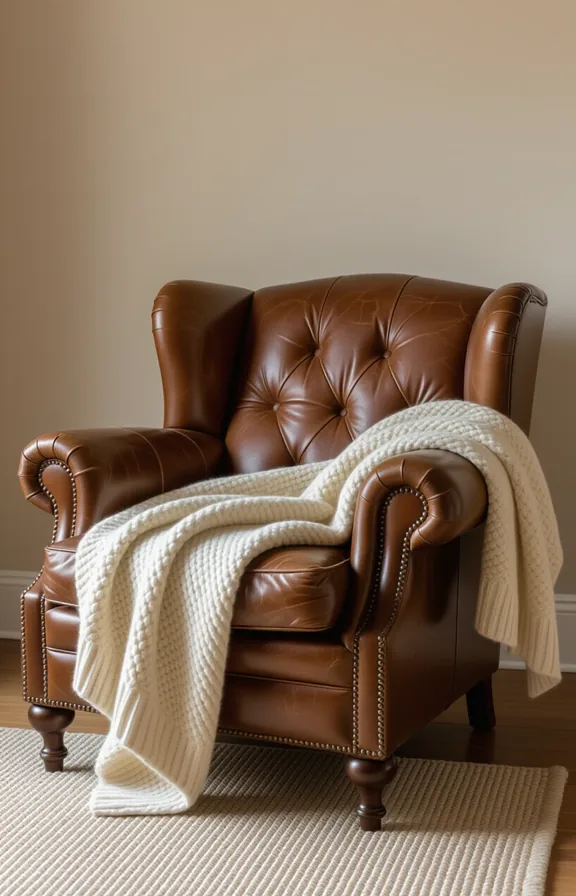 Medium shot vintage leather armchair with visible patina