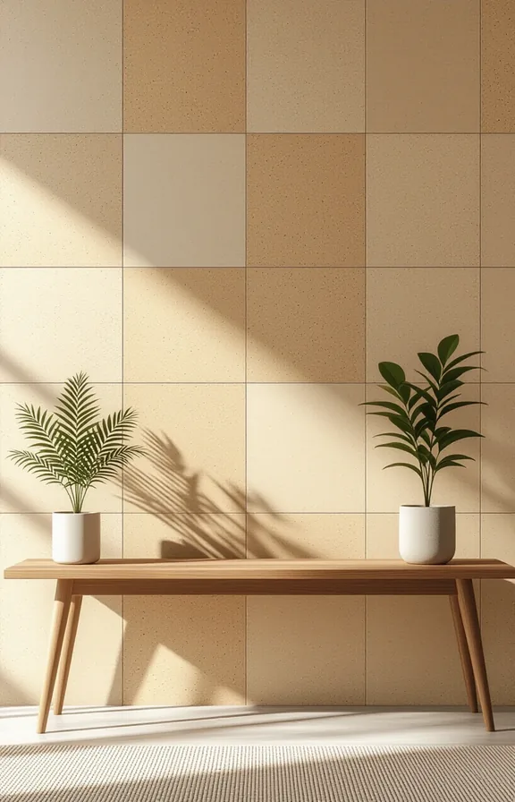 section living room wall covered natural cork tiles