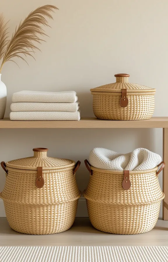 Medium shot two large woven lidded baskets with