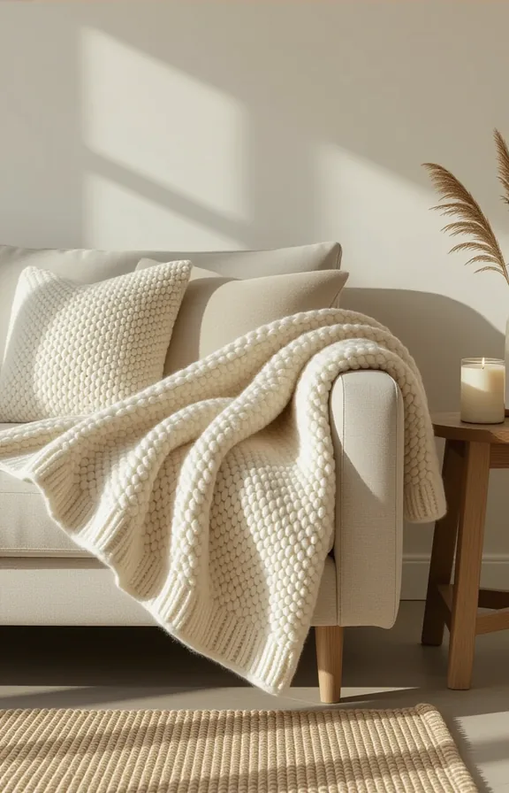 Close-medium shot chunky wool throw blanket heathered oatmeal